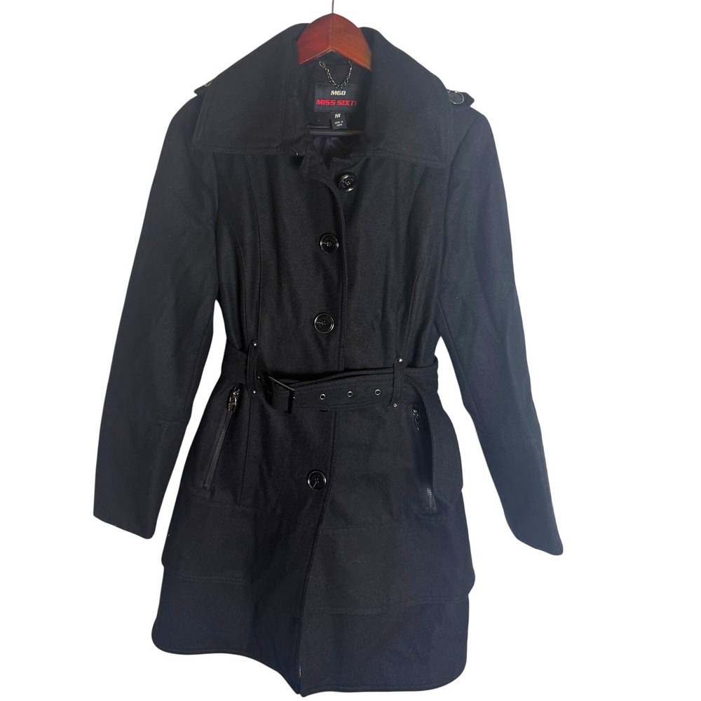 Y2K Miss Sixty Womens Black Wool Trench Coat Blend Belted Size Medium